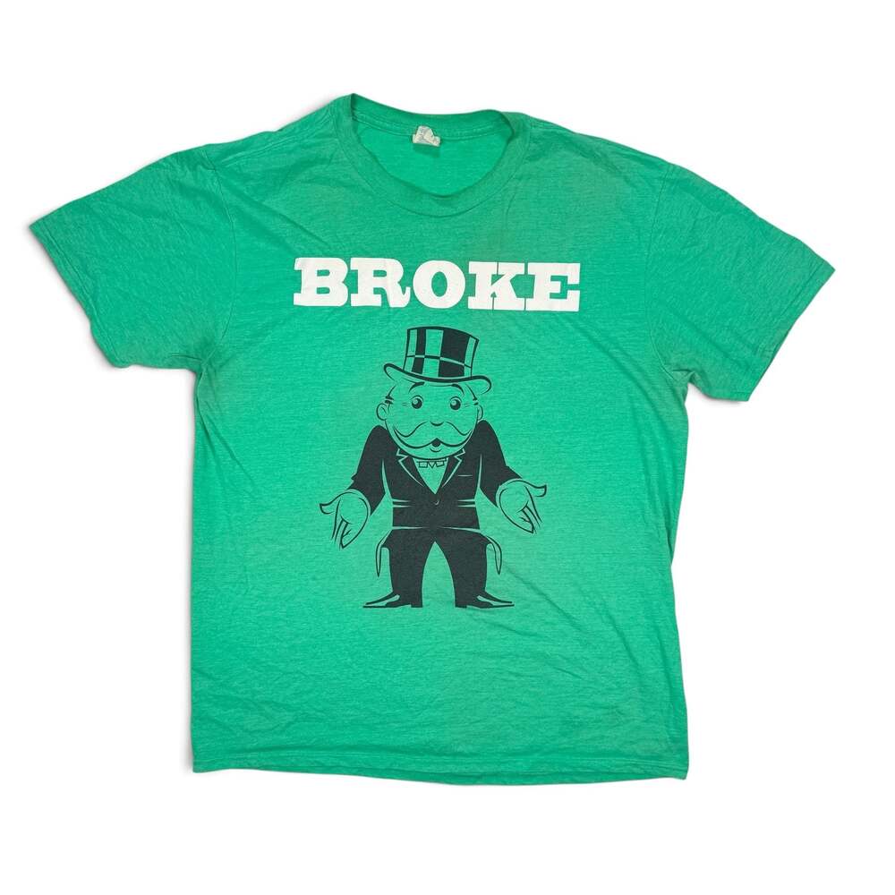 Vintage Monopoly Man Broke Graphic T-Shirt Green Size Large Gildan Softstyle